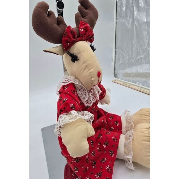 Handmade Reindeer Doll In Red Dress With Lace & Bow - Picture 3 of 9